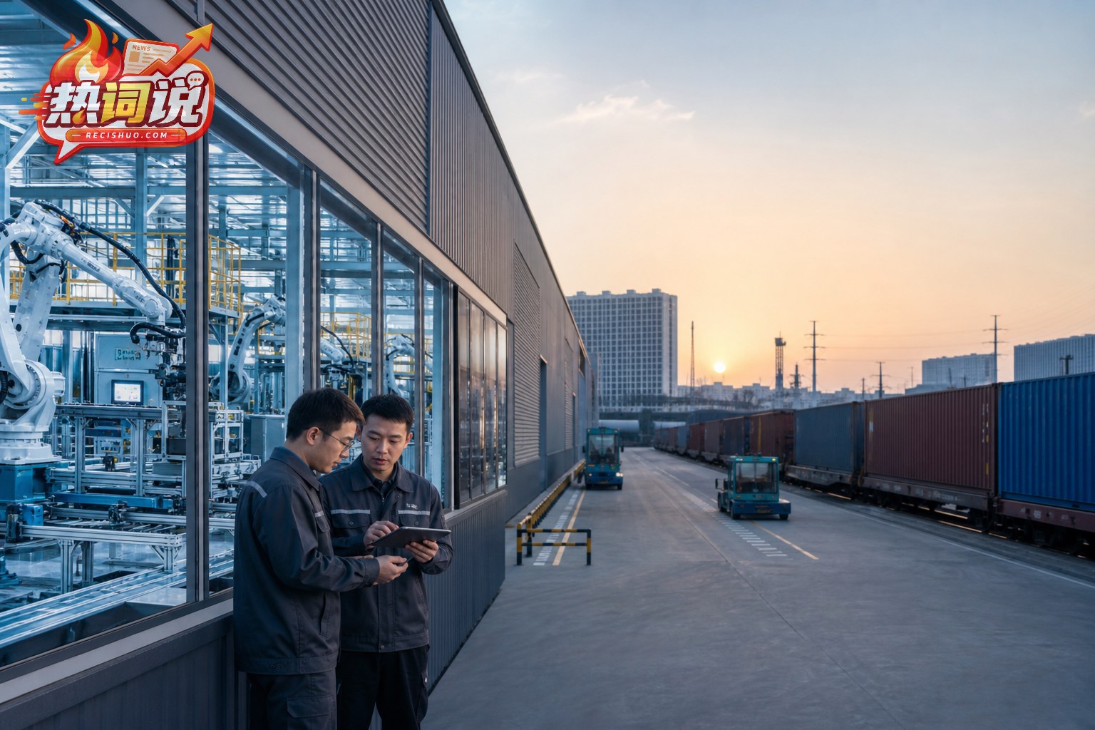 晨光中的现代制造工厂、技术人员与货运物流共同构成产业运行场景