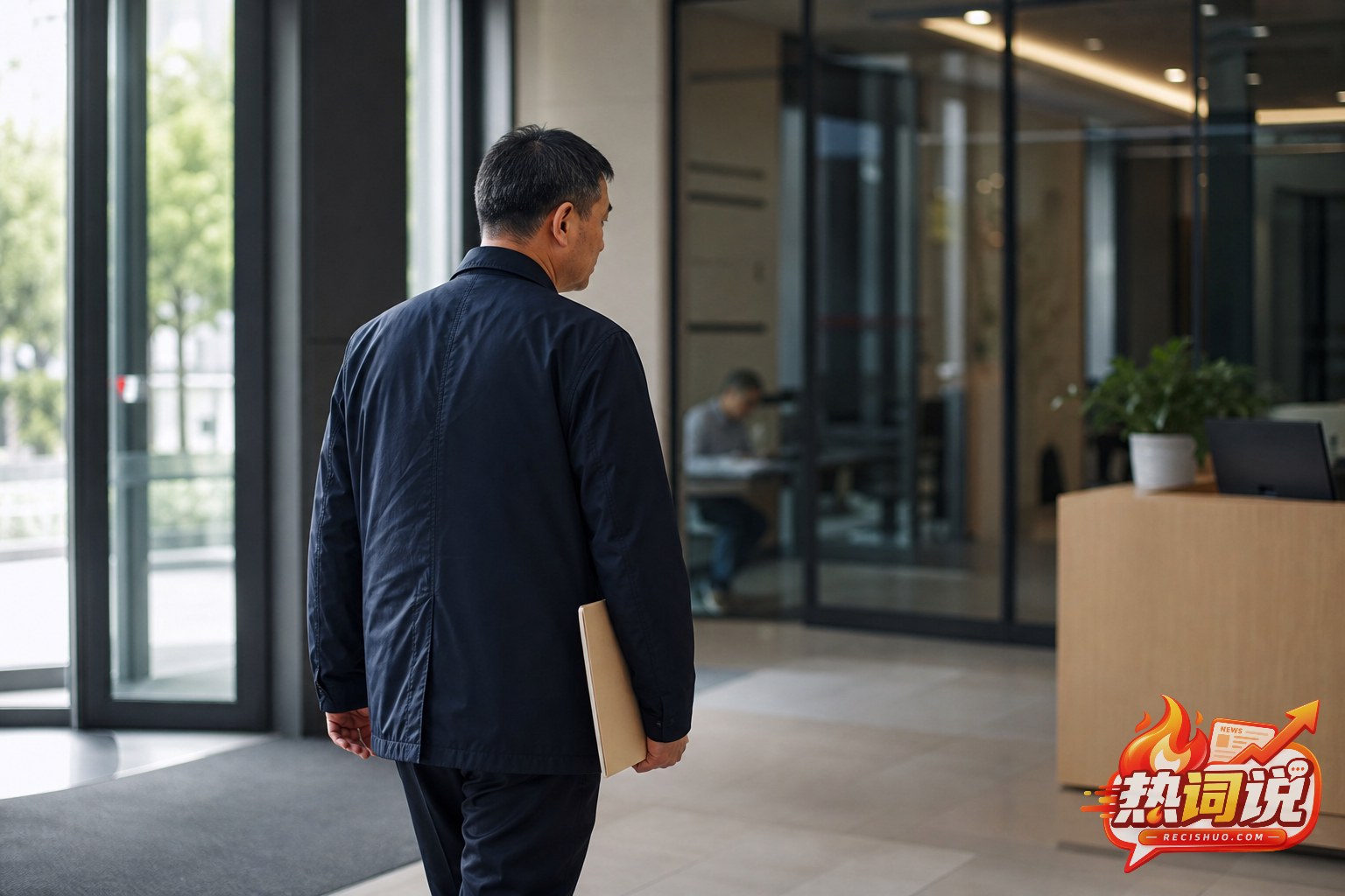 一名匿名中年男子手持文件夹走进现代办公场所的纪实场景