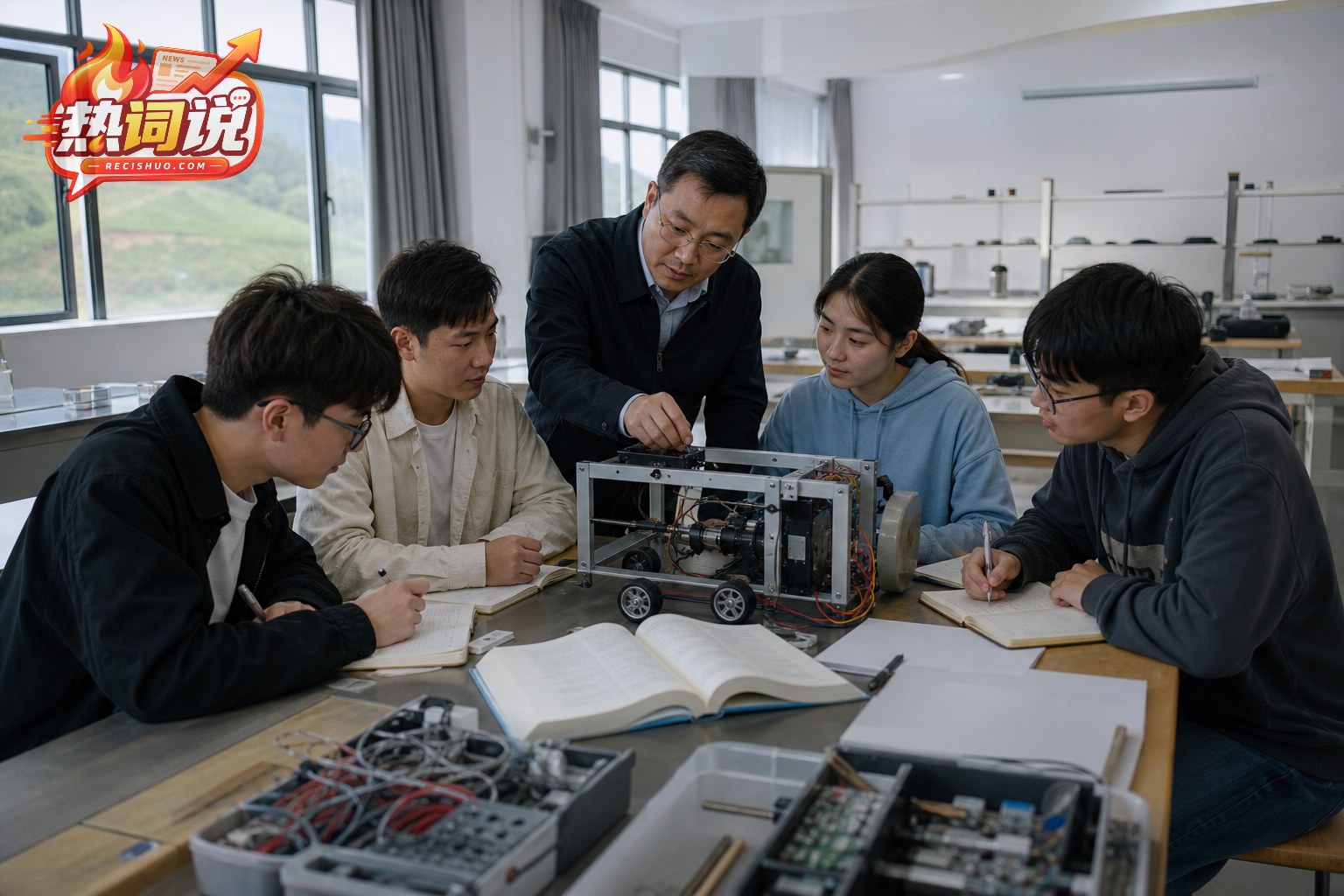 学生与教师在县域大学教学实验室围绕工程模型开展小组学习