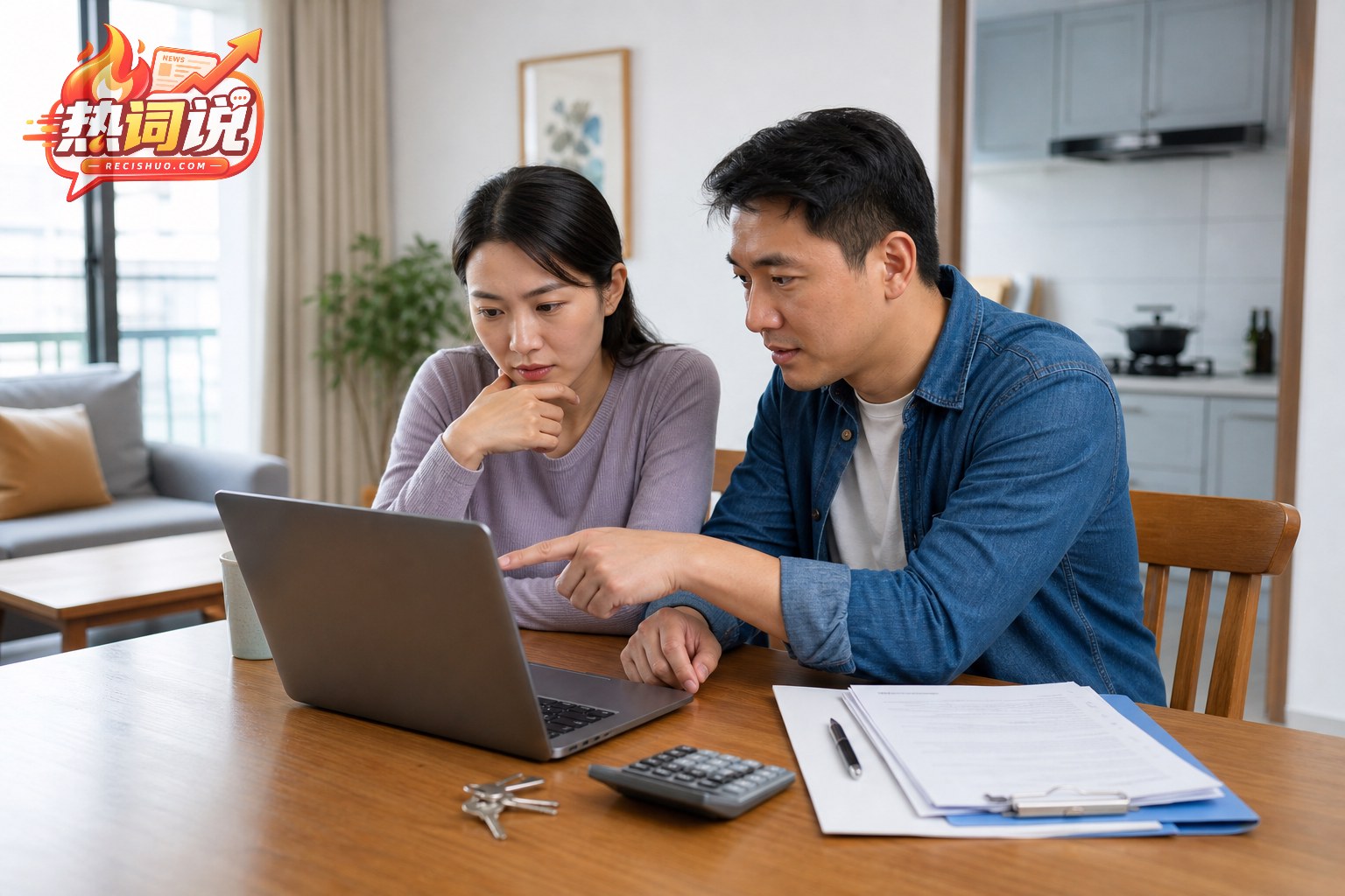 一对夫妇在家中通过电脑核对住房公积金政策资料