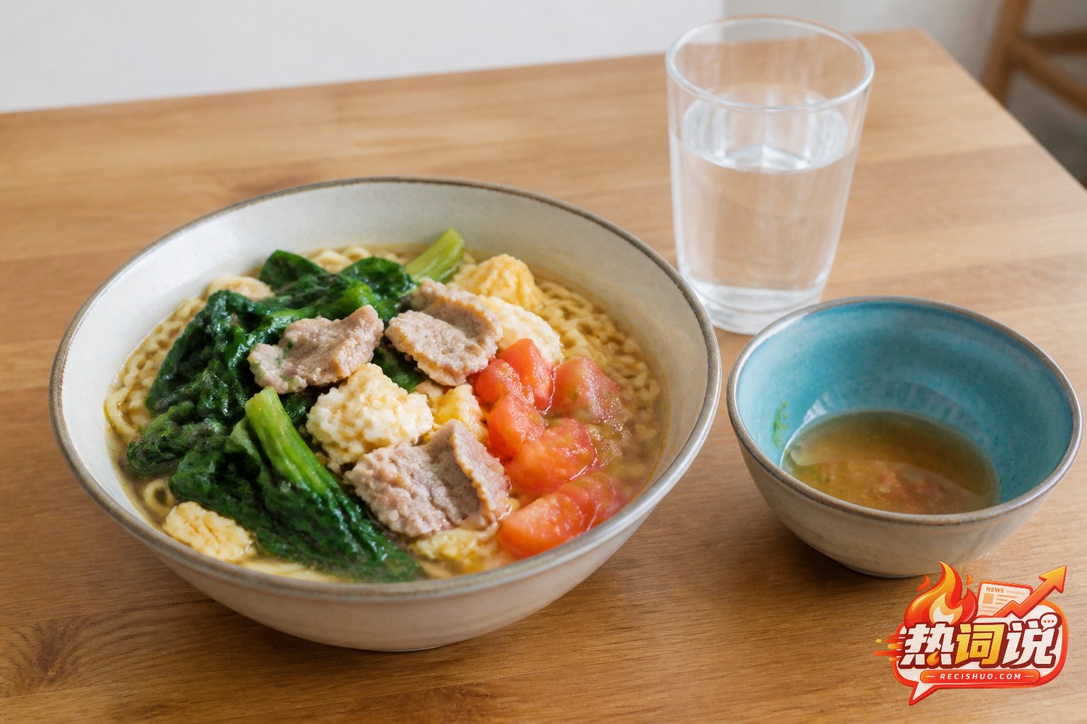 加入叶菜、番茄、鸡蛋和瘦肉片的方便面,旁边放着白水与少量剩汤