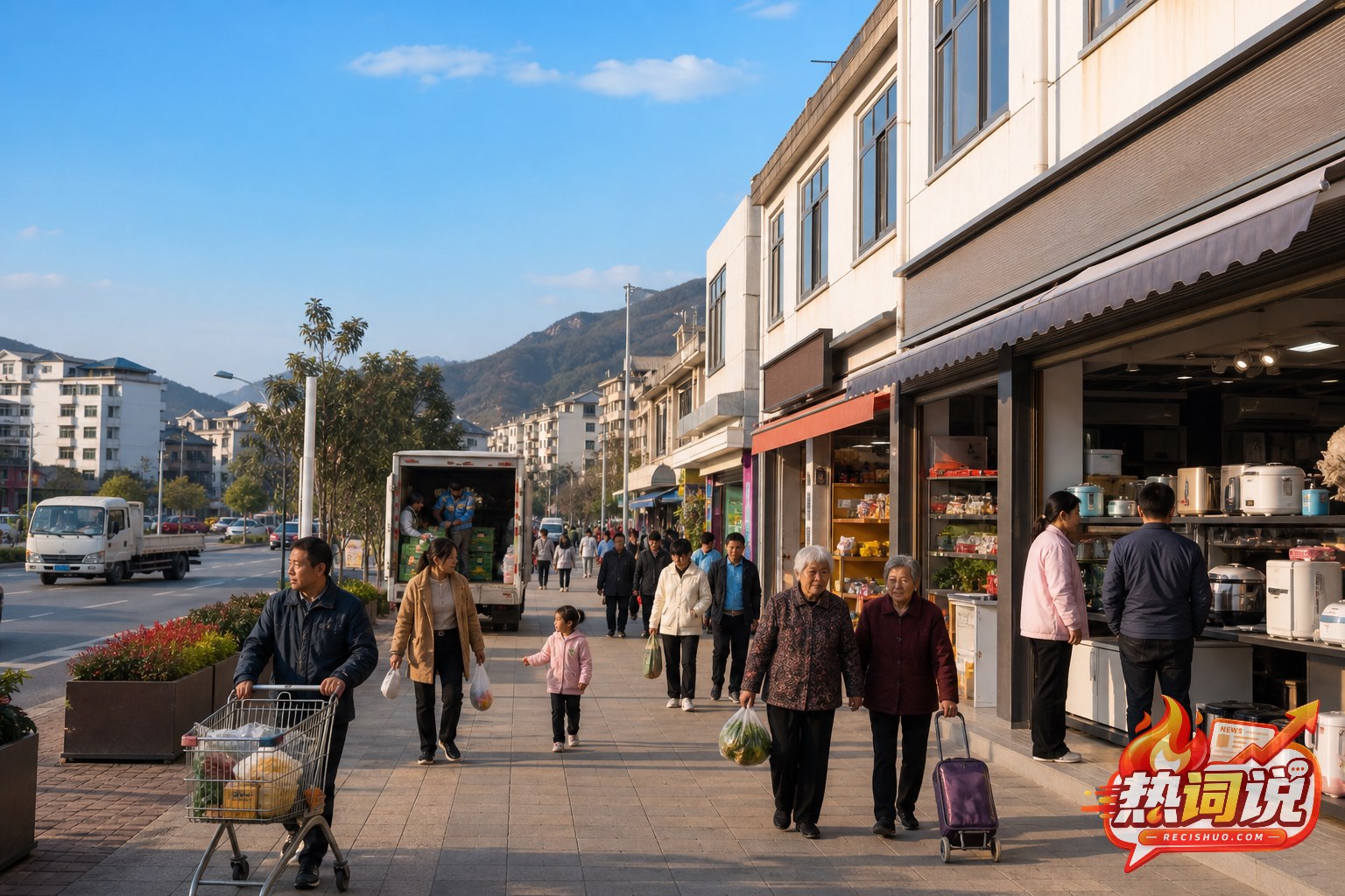 居民在商品丰富、配送便利的中国县城商业街购物