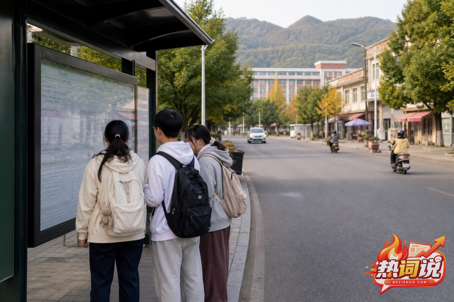 大学生在县城校园附近的公交站候车,远处可见低层街区与山岭