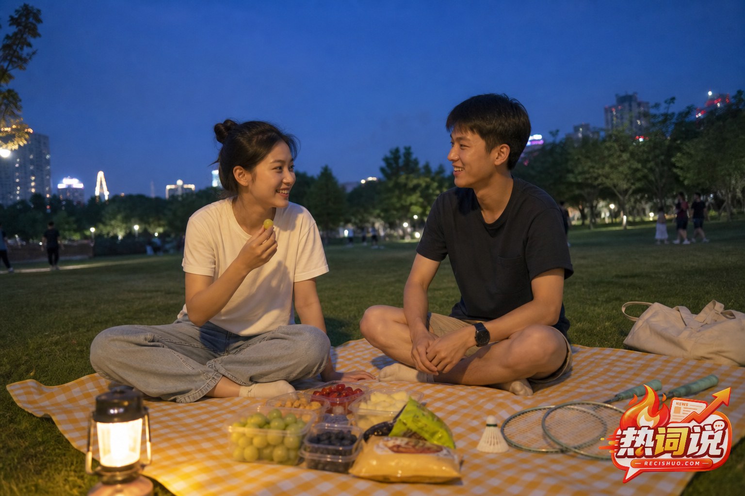 两位年轻朋友在夏夜公园野餐并准备打羽毛球