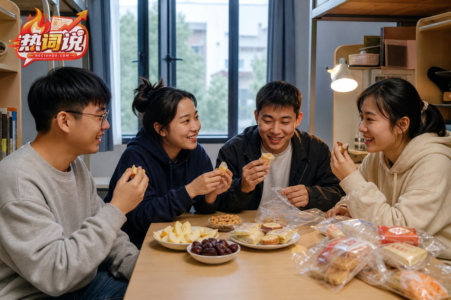 返校大学生在宿舍与室友分享家乡特产