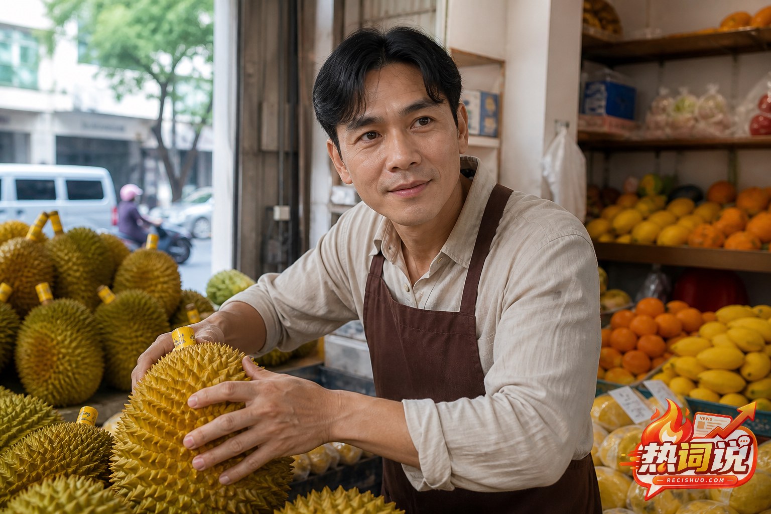 广东街头水果店内,一位气质儒雅的中年男店主正在为顾客挑选榴莲