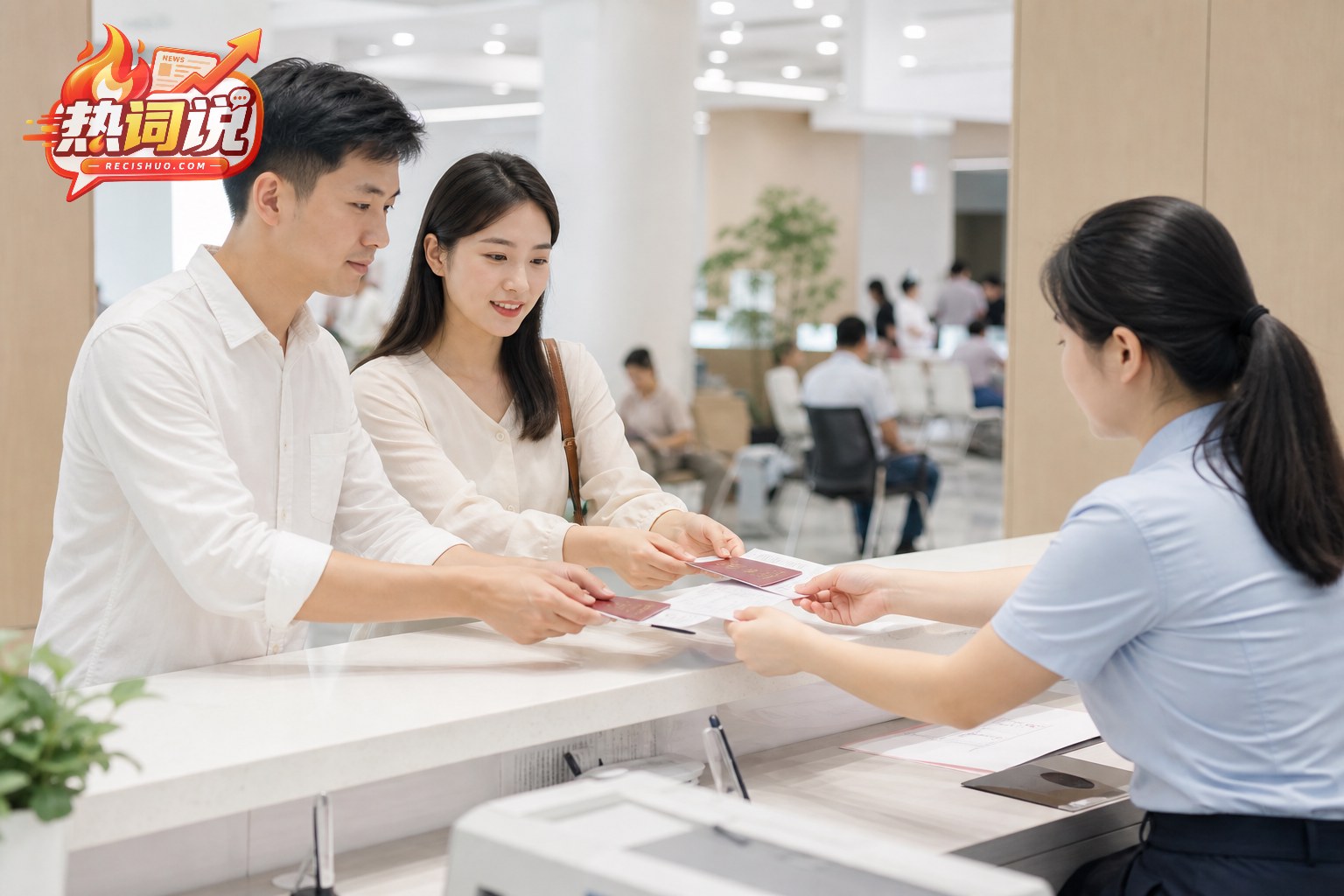 一对中国年轻夫妻在公共服务窗口分别递交证件材料的办事场景