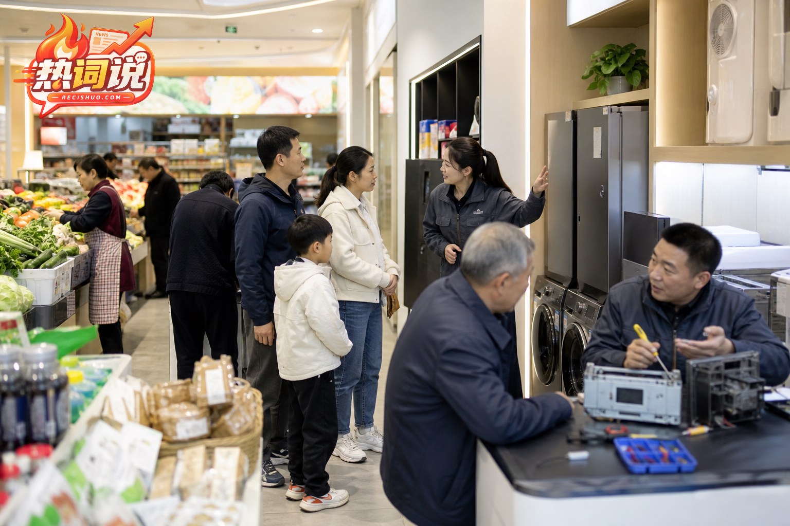 县城综合消费空间内居民体验家电、生鲜采购和便民维修服务