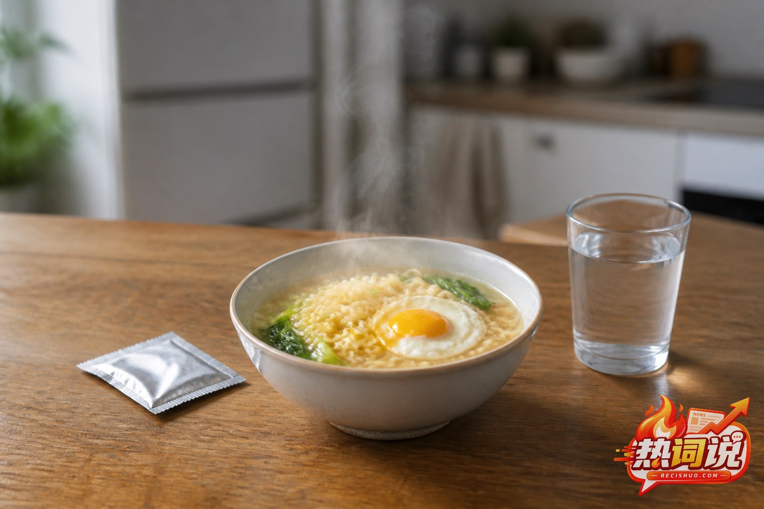 家庭餐桌上一碗配有鸡蛋和青菜的方便面,旁边放着调味包与一杯清水