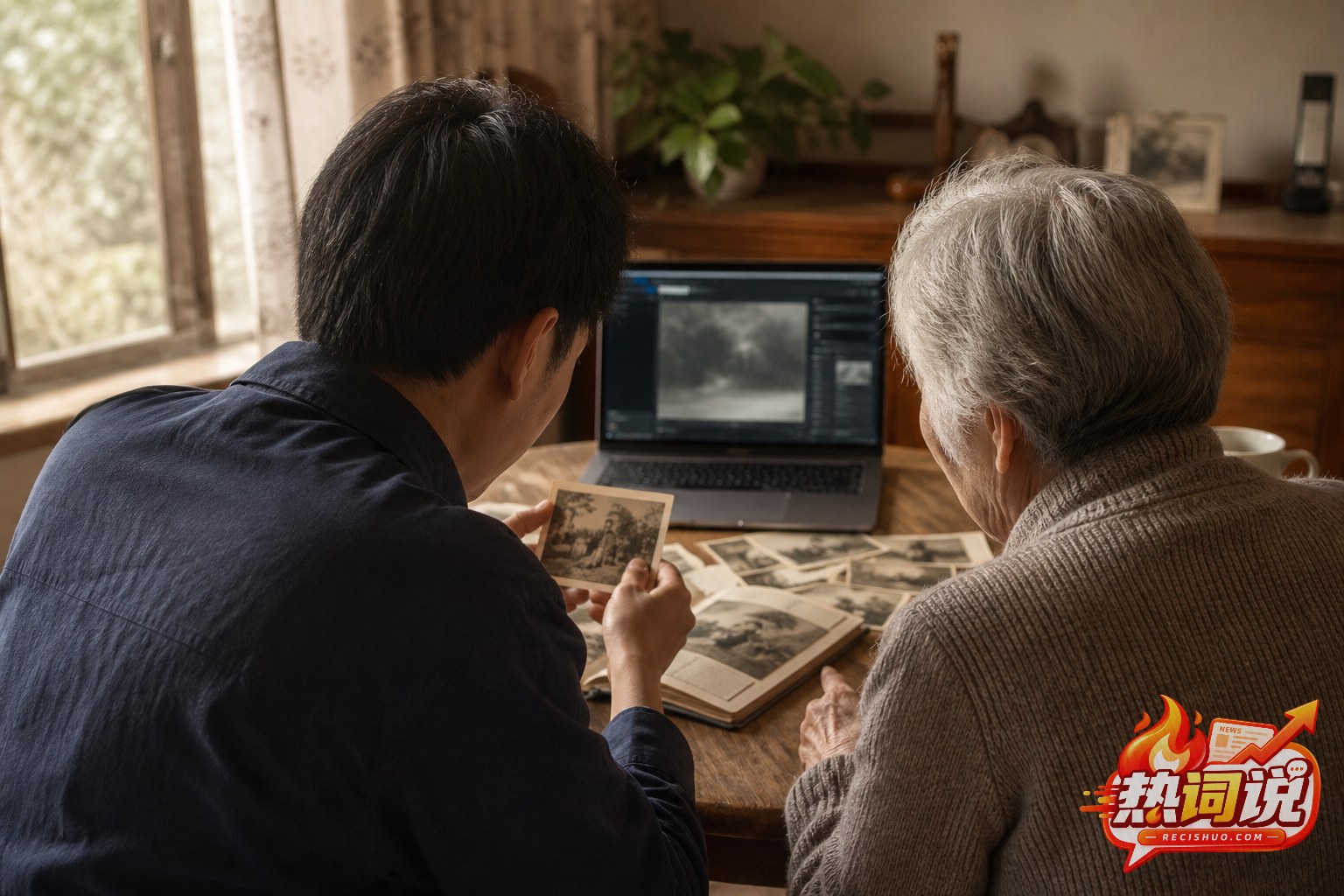 晚辈与银发长辈在家中借助电脑共同查看和整理旧照片