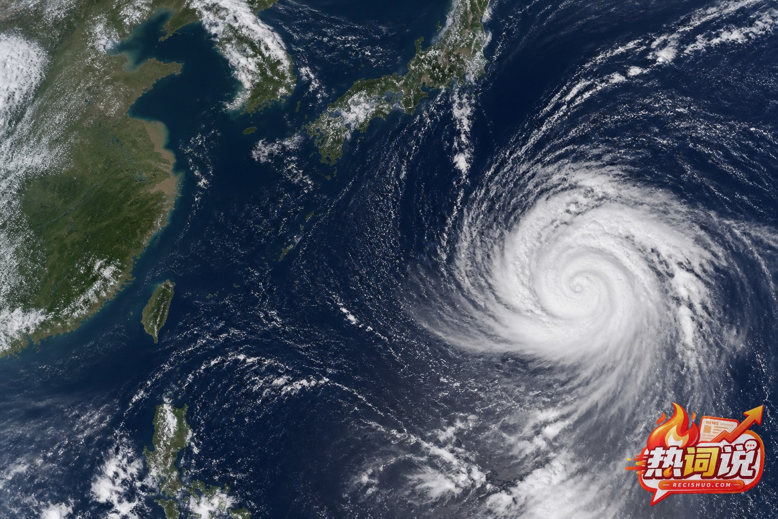 西北太平洋上空的台风螺旋云系与中国东部沿海卫星视角