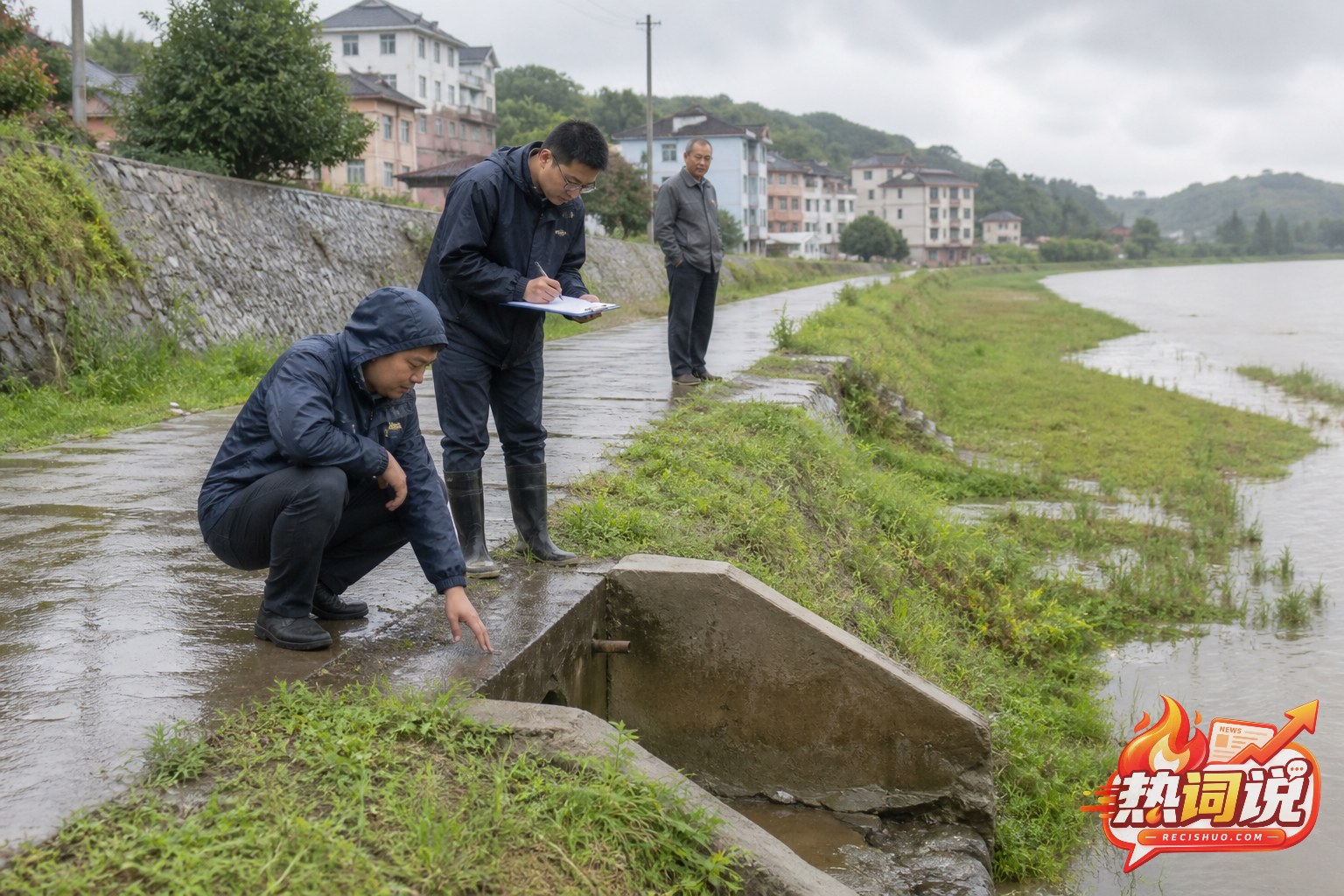 雨后基层巡查人员检查河道堤岸排水设施和风险隐患