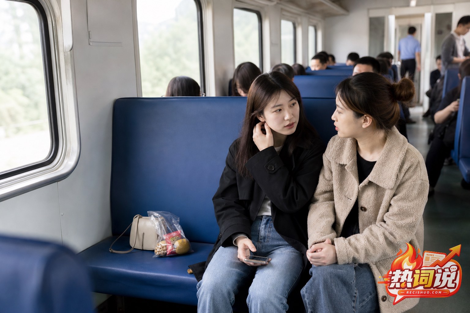 普速列车硬座车厢内两名旅客坐在一起,旁边已购空座上放着零食和随身包