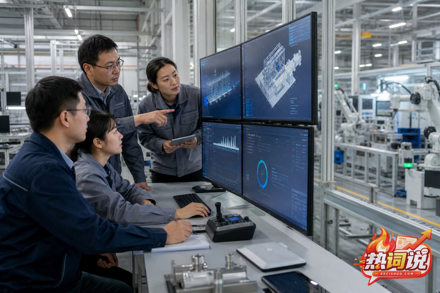 现代制造工厂内工程师通过数字系统协同分析生产设备