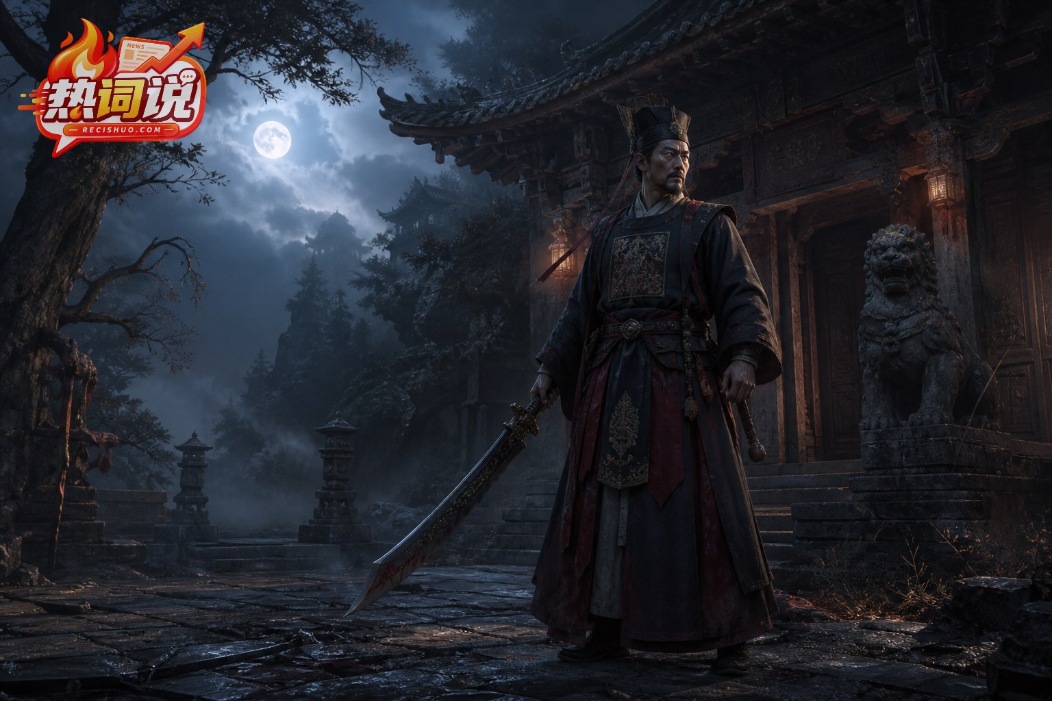 月夜古寺前手持长剑的原创中式驱邪人物游戏概念场景