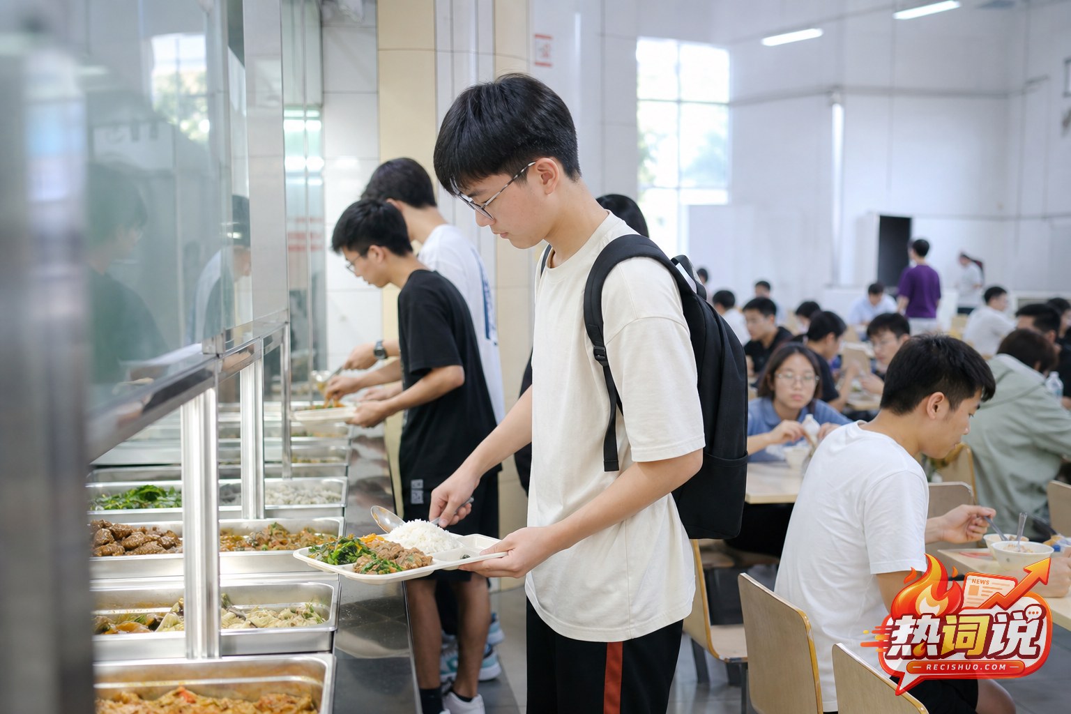 大学生在高校食堂窗口选择家常饭菜的日常消费场景