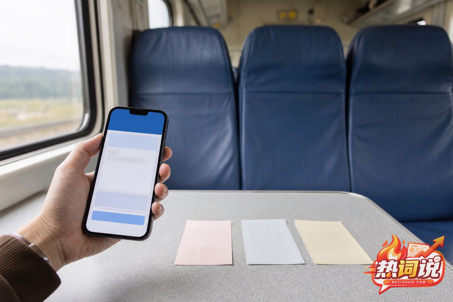 旅客在火车座位旁查看电子乘车信息,桌面摆放三张无个人信息的乘车凭证
