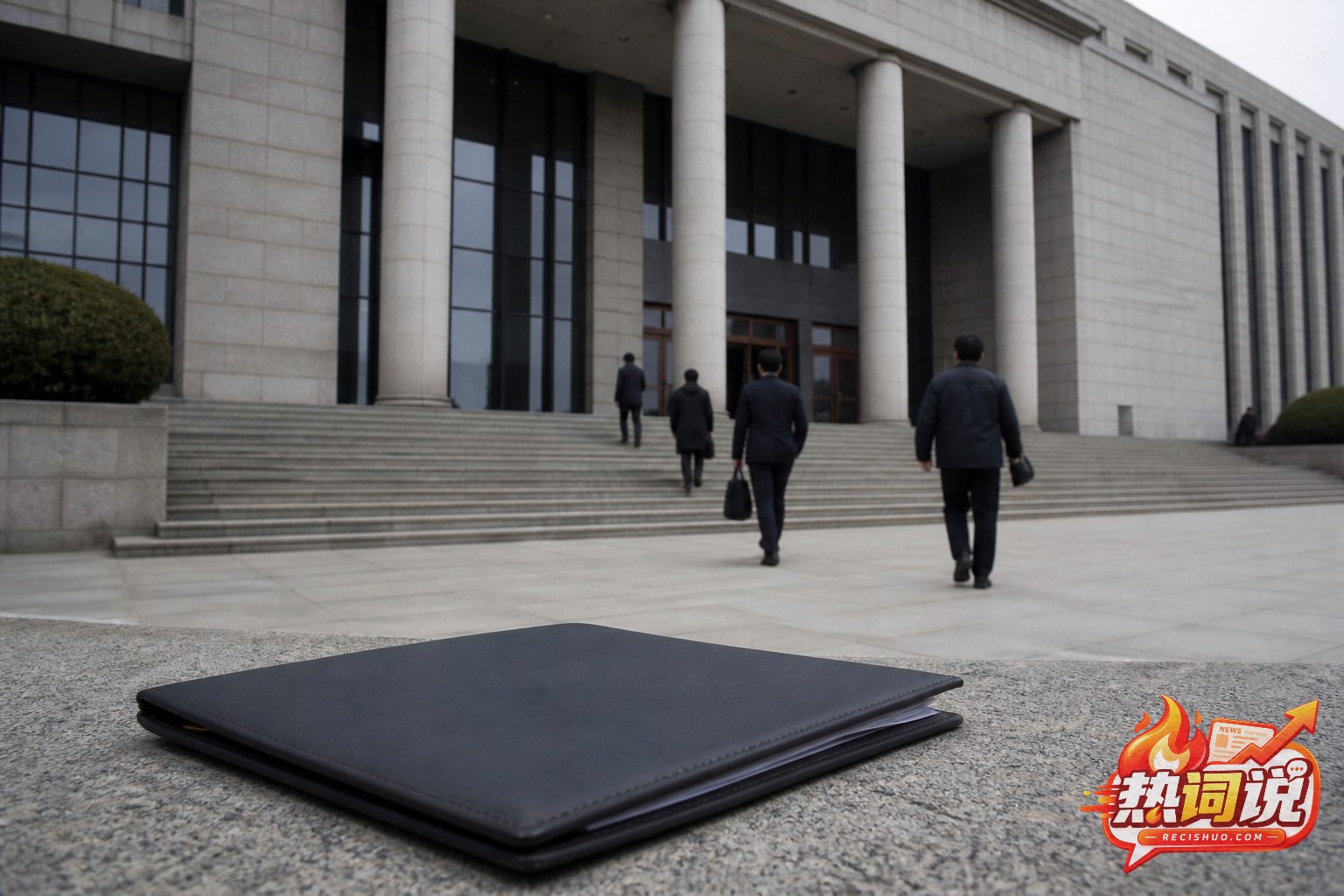 阴天里通往现代法院建筑的台阶与前景中的深色案卷夹