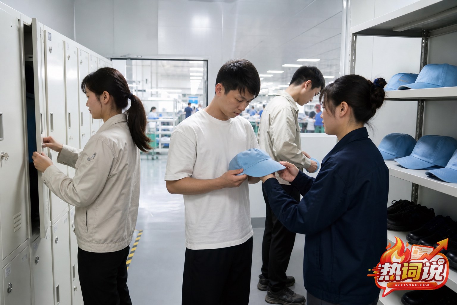 新员工在电子制造厂区完成工装和安全用品领取流程
