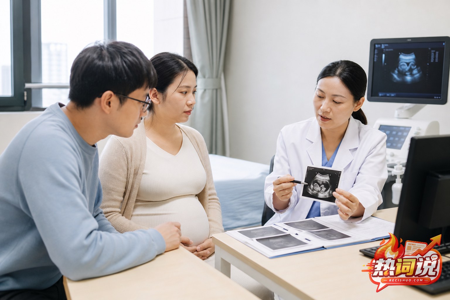 产科医生在诊室内向孕妇及家属说明检查情况