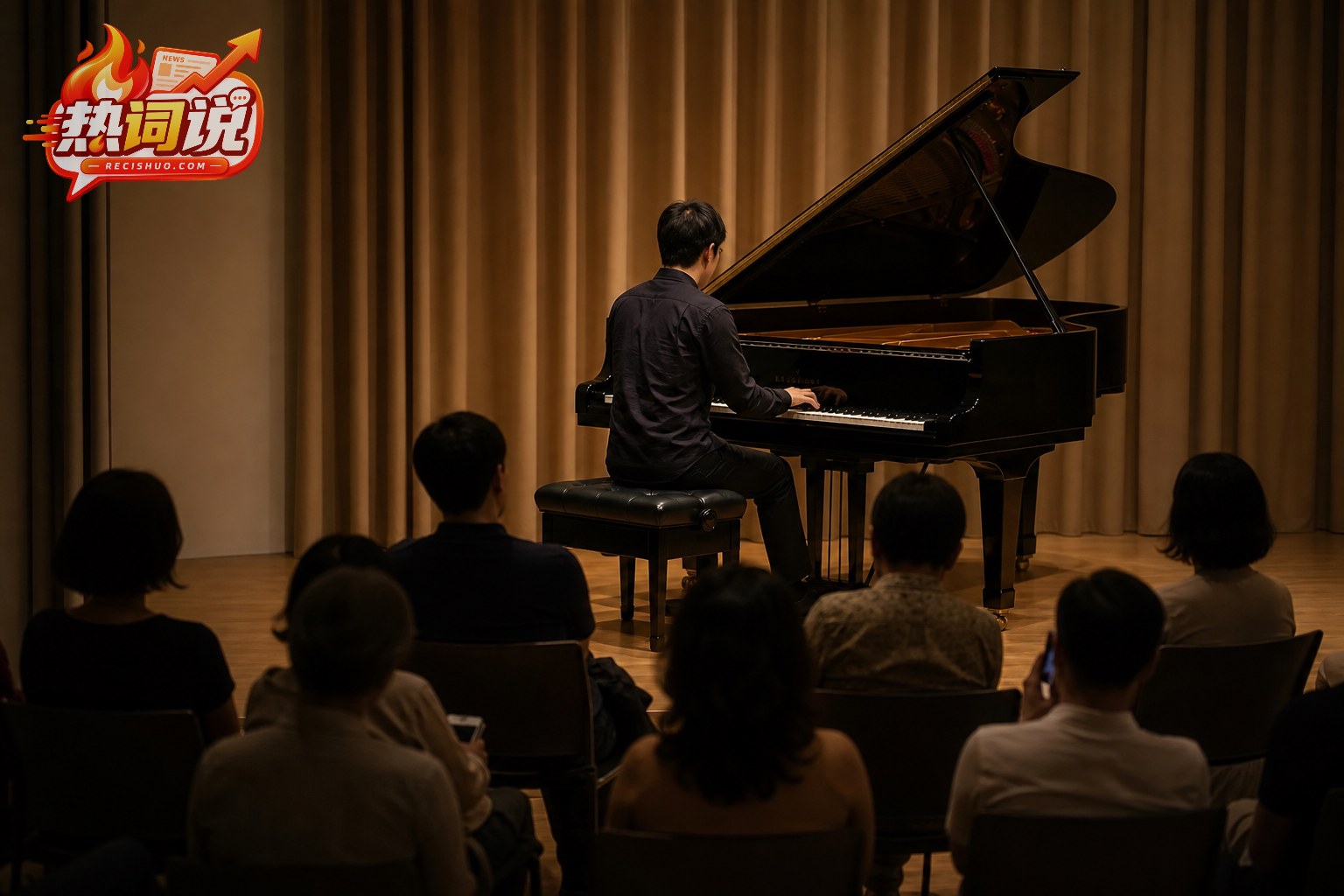 小型音乐厅内钢琴演奏者面向现场听众弹奏的温暖场景