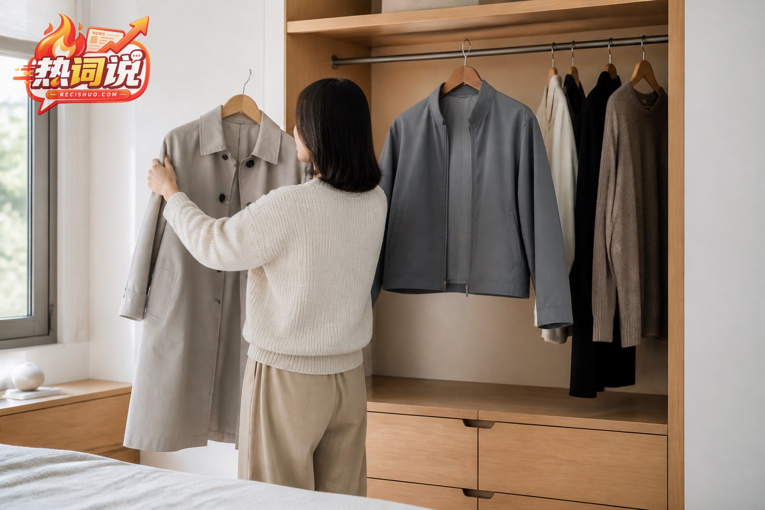 女子在自然光下比较燕麦格雷外套与冷灰色夹克