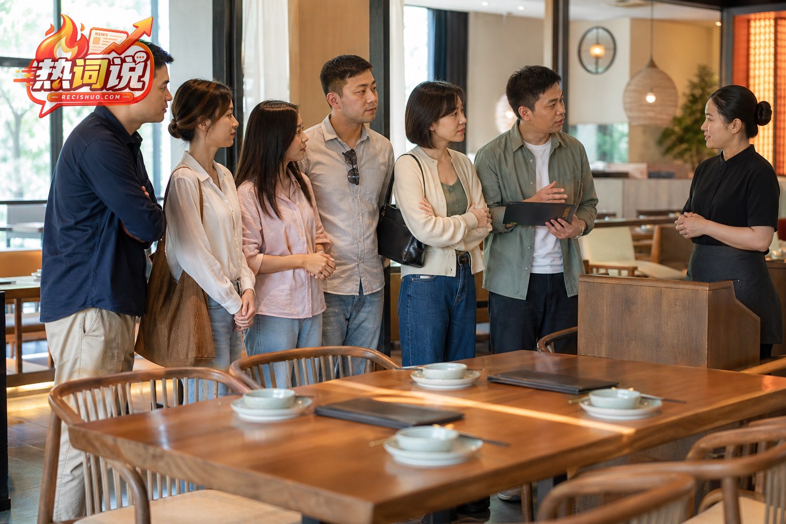 六名顾客在餐厅餐桌旁与工作人员平静沟通套餐用餐规则