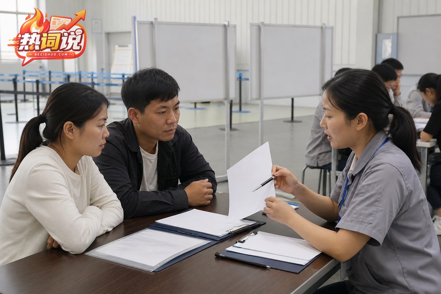 招聘服务人员向两名求职者说明入职材料与用工条件