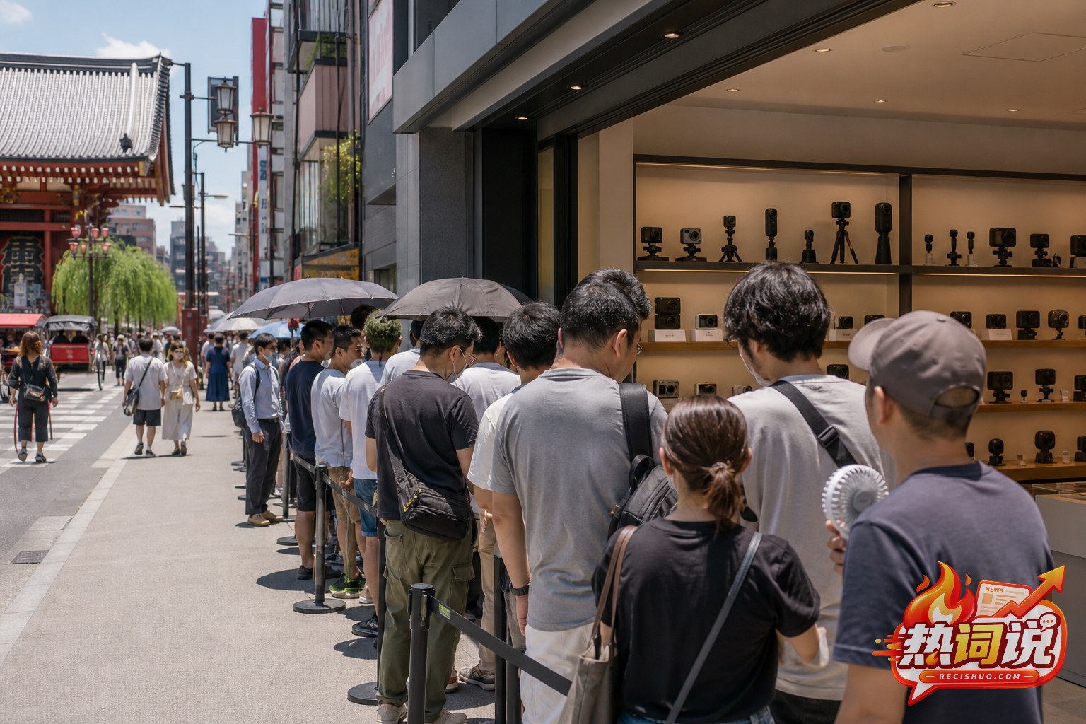 东京浅草街头消费者在盛夏排队进入便携相机体验店的场景