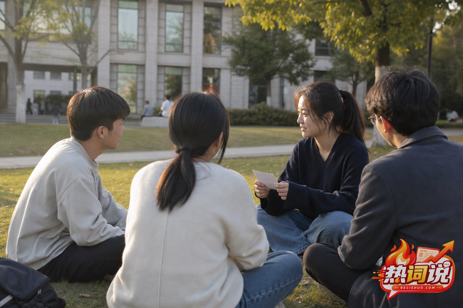 几名年轻人在校园草坪上围坐交流,其中一人手持信纸