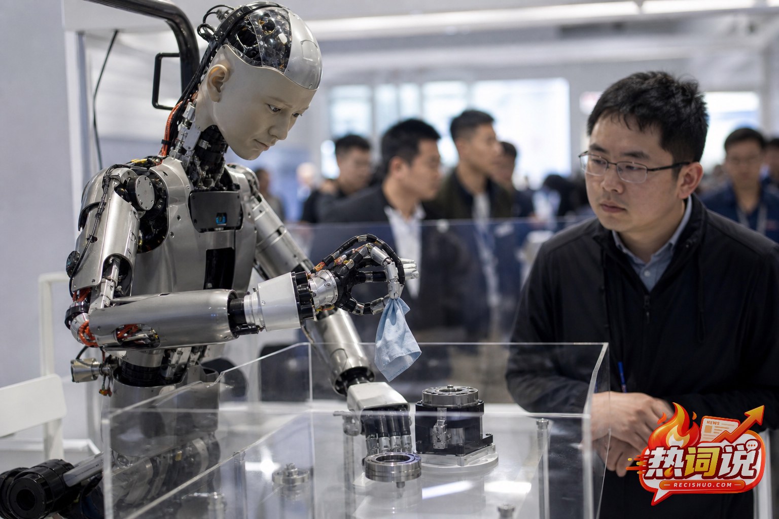 仿生人形机器人在工程师监护下演示精细物品操作