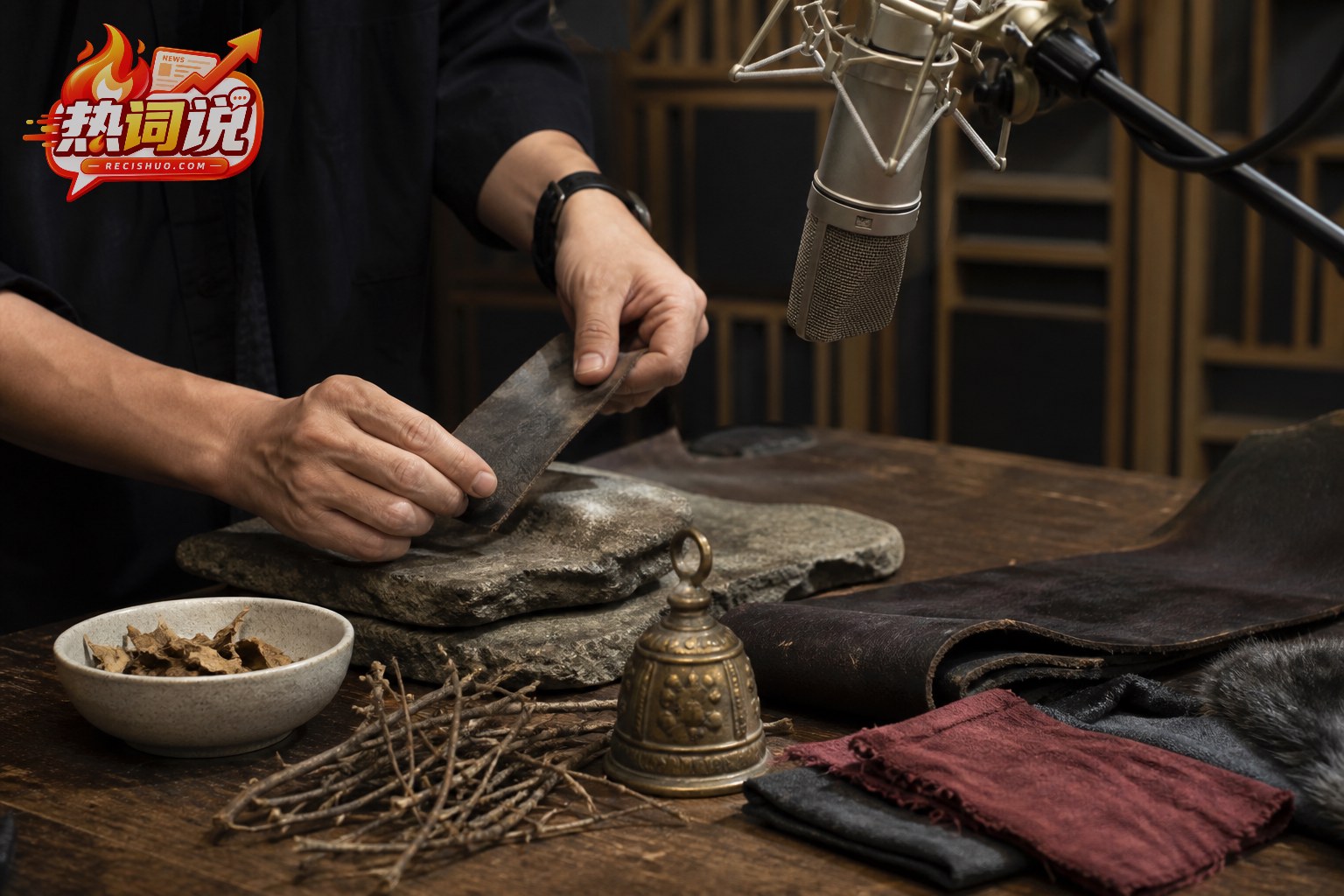 拟音师在录音棚利用石块、皮革、树枝和铜铃制作动作音效