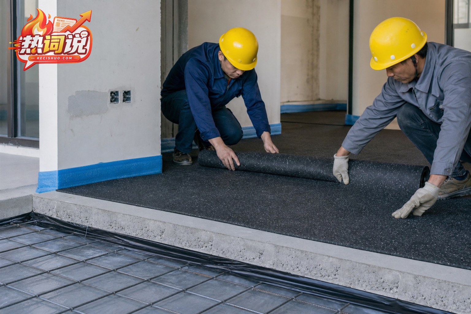 新建住宅施工人员正在铺设楼板弹性隔声材料