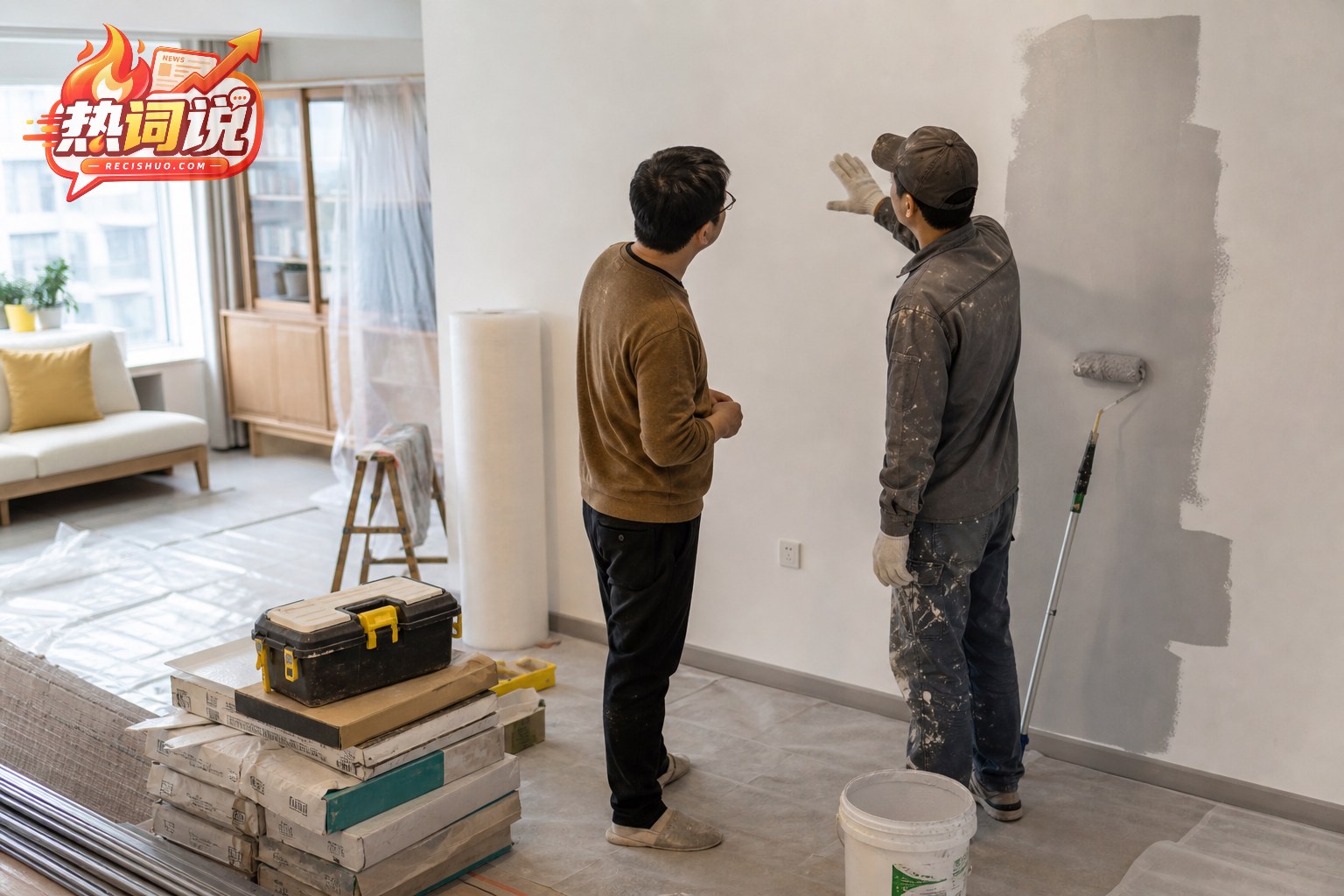 业主与施工人员在普通住宅内查看墙面装修进度