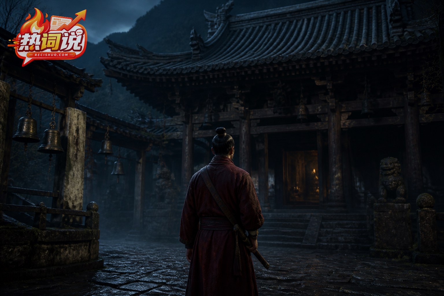 暮色古寺庭院中,一名身着暗红衣袍、佩剑的驱邪者背对镜头凝望殿门