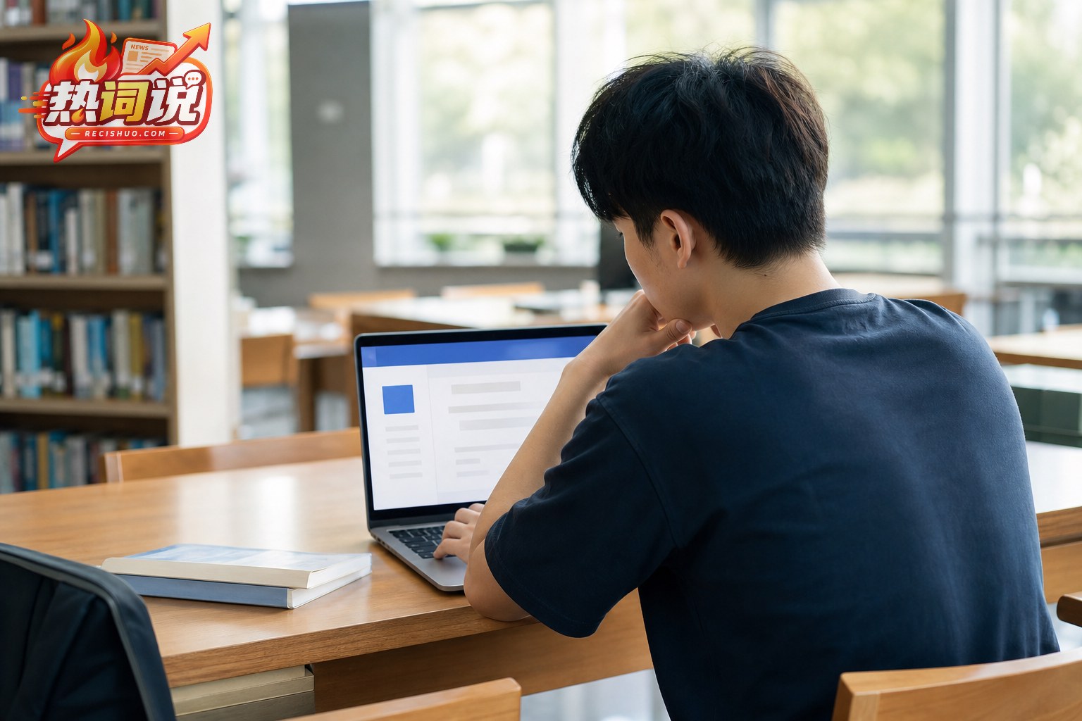 大学生在校园图书馆使用笔记本电脑准备查询英语四六级成绩