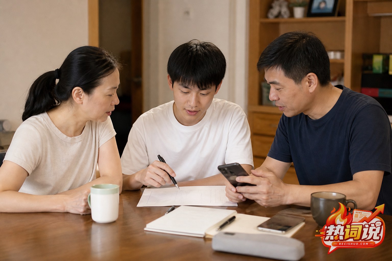 父母与即将入学的孩子在家中共同核算大学生活费预算