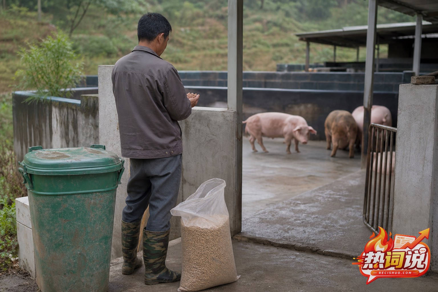 乡村养殖者在整洁猪舍旁查看颗粒饲料,旁边放有加盖的餐厨剩余物收集桶