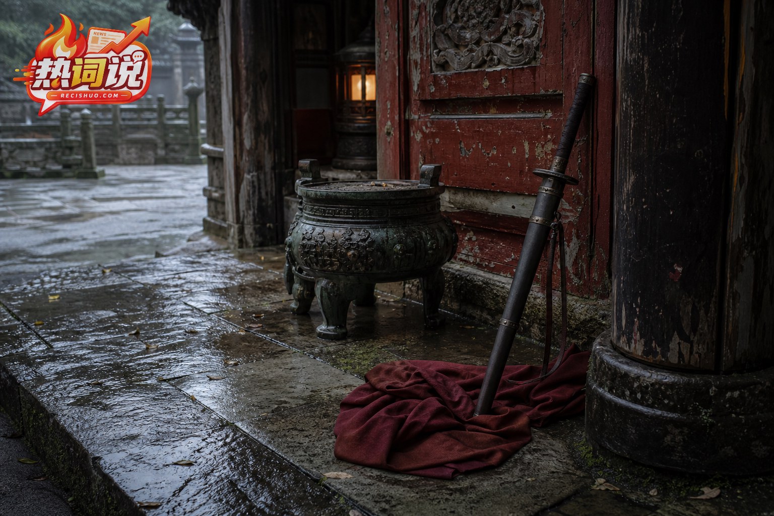 雨后古寺廊下的青铜香炉、佩剑与暗红布料,展现潮湿石材和旧木细节