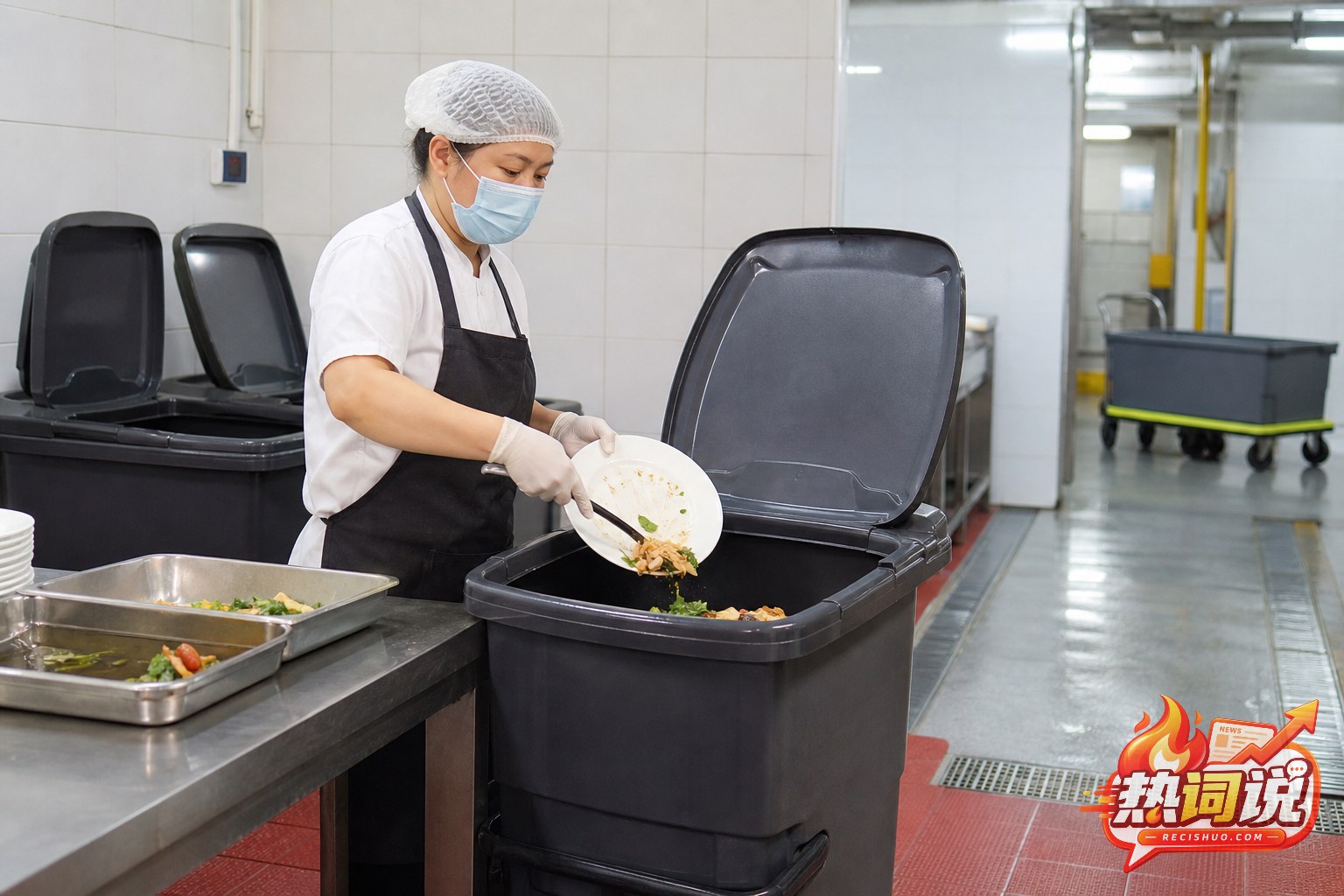 餐饮后场工作人员将餐厨剩余物分类投入带盖收集桶