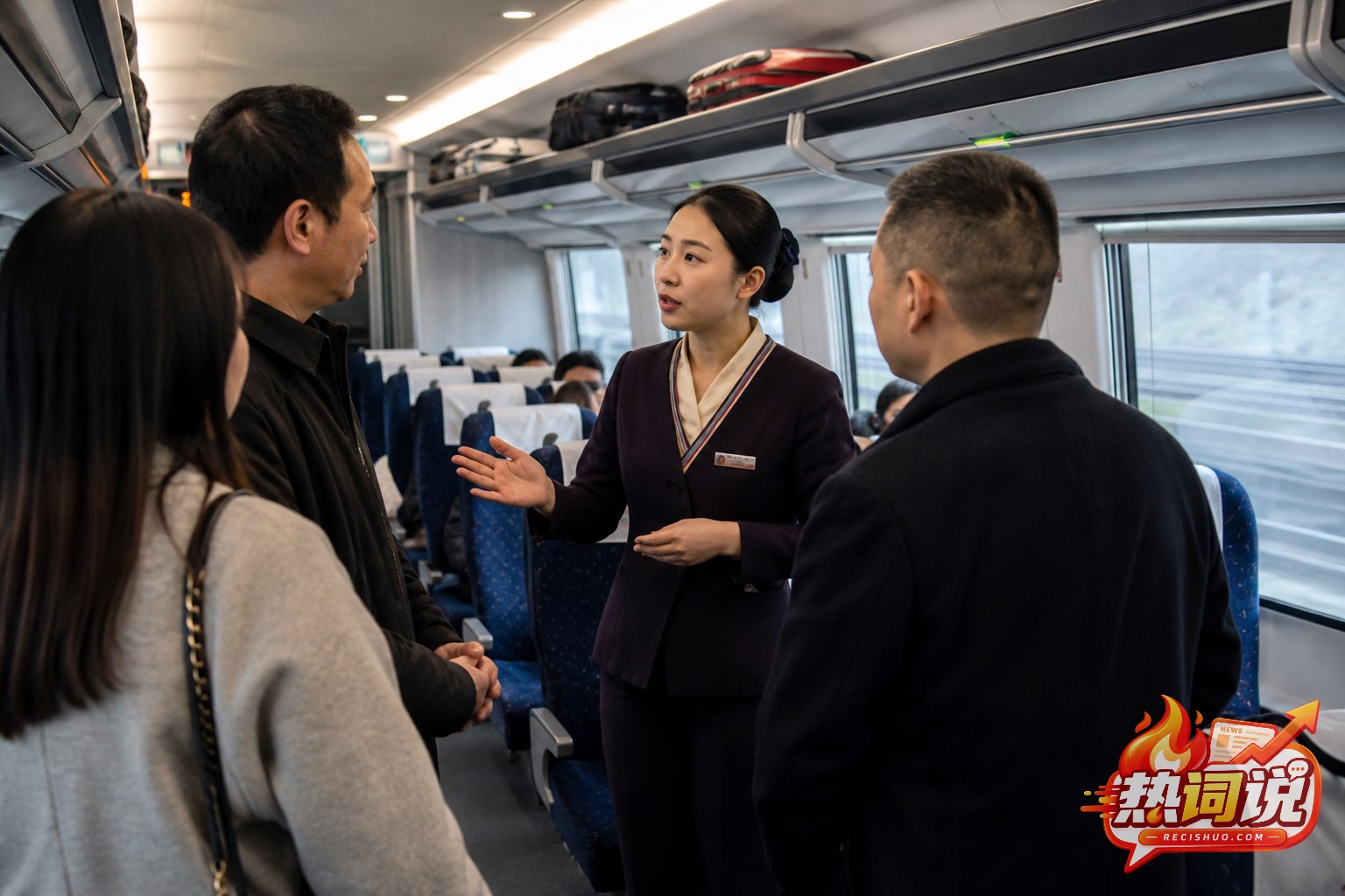 列车员在车厢过道内向乘客说明座位使用规则