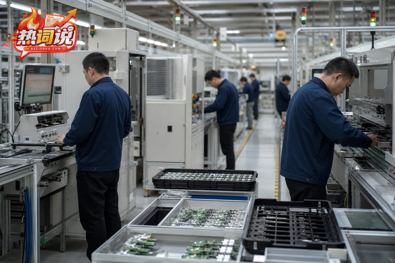 电子制造车间技术人员检查设备并为生产线启动做准备