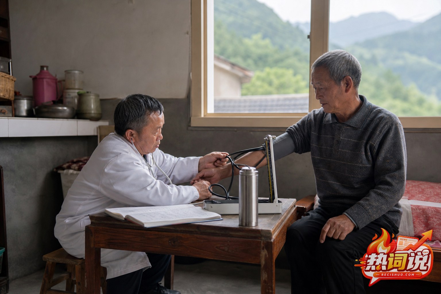 山区村医在村民家中为老人测量血压并进行慢病随访