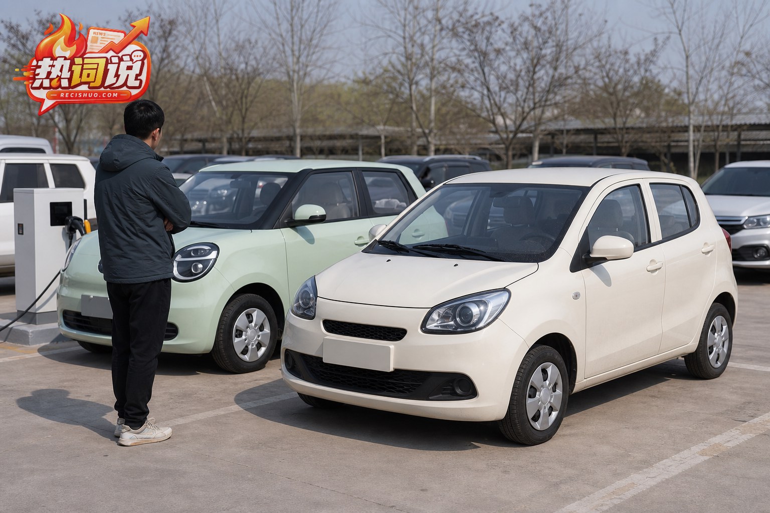 消费者在停车区比较入门级燃油小车和小型新能源车