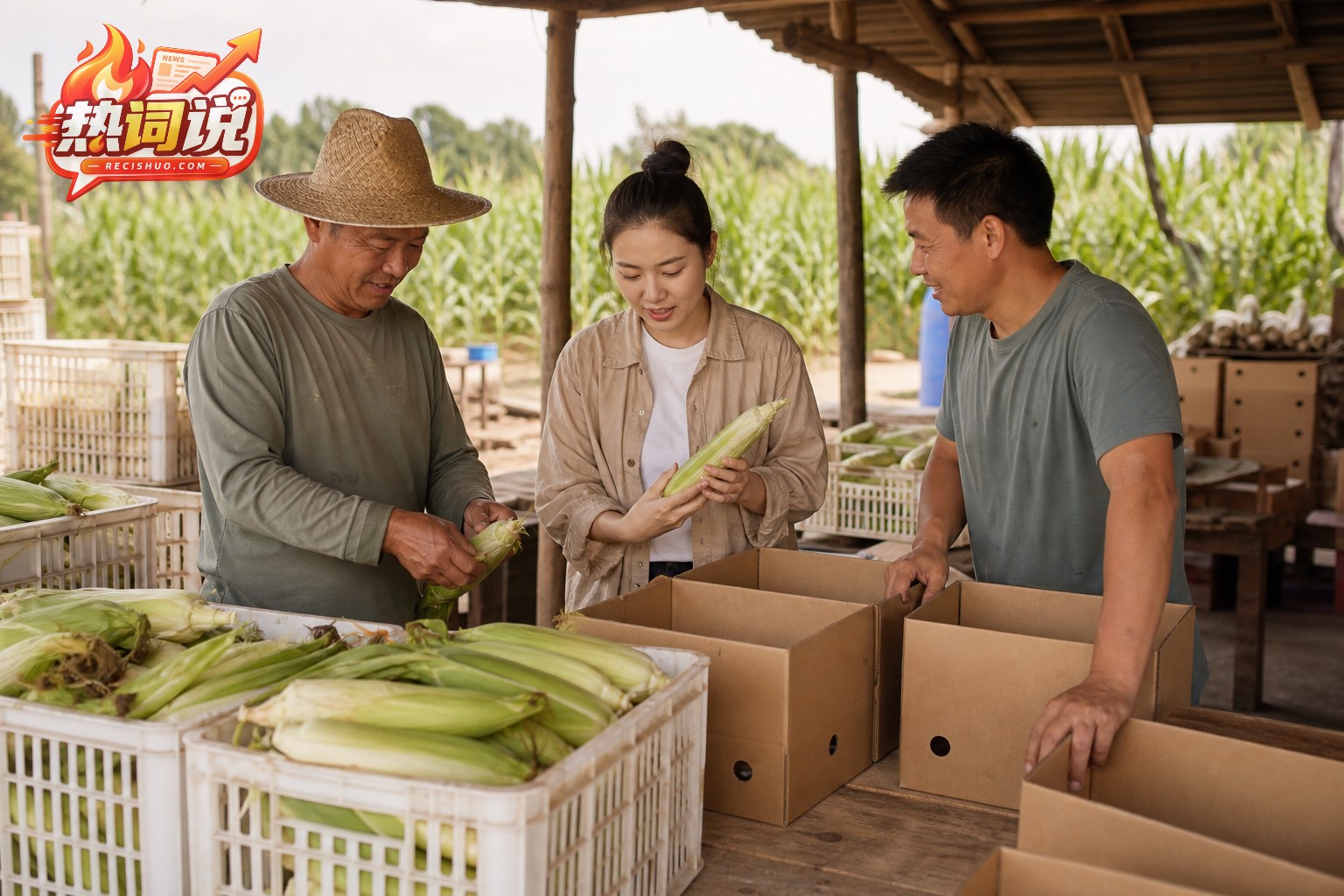青年与种植户在玉米产地共同检查和分装新鲜玉米