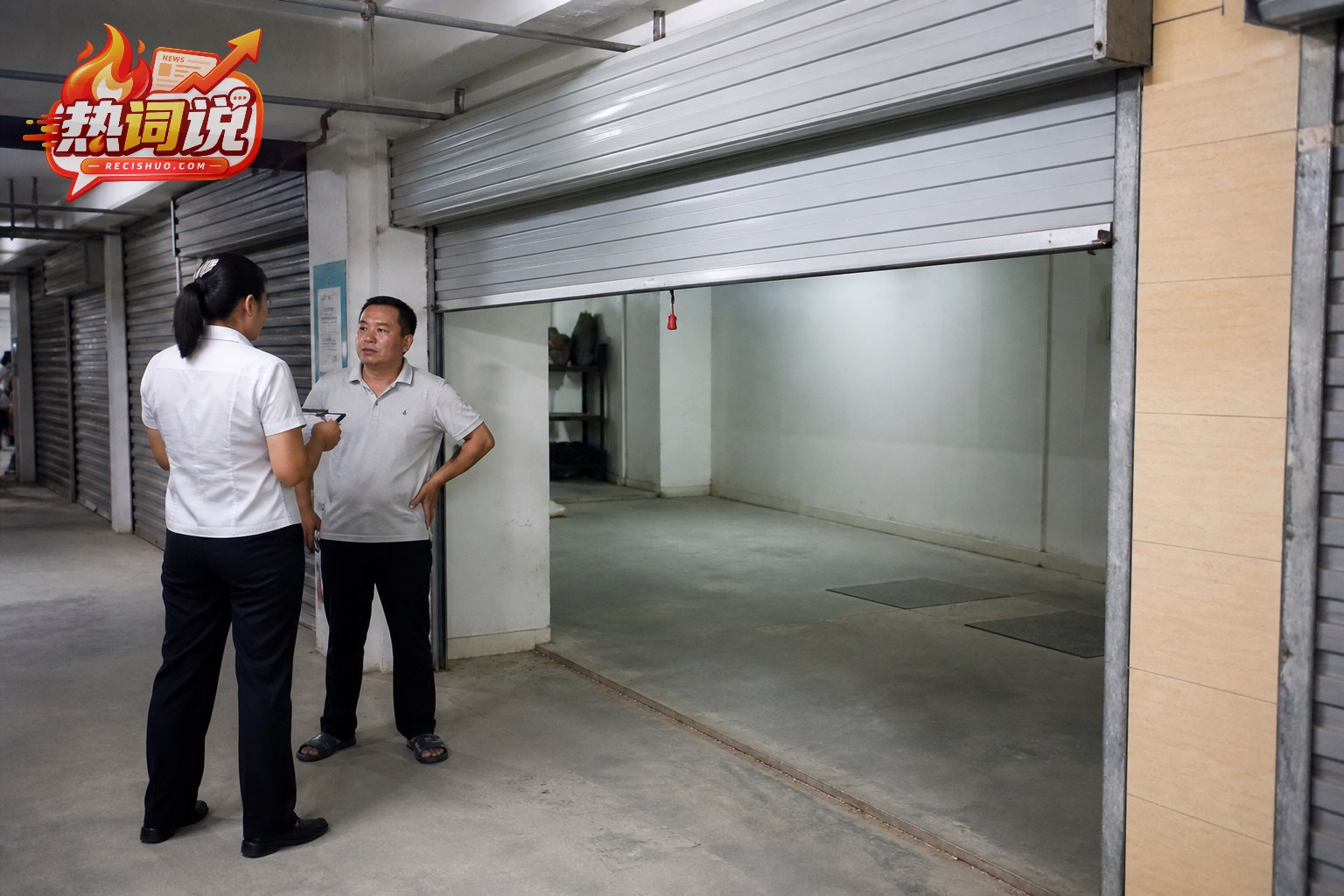 住宅地下车库门前,业主与物业人员沟通出租车库异常使用情况