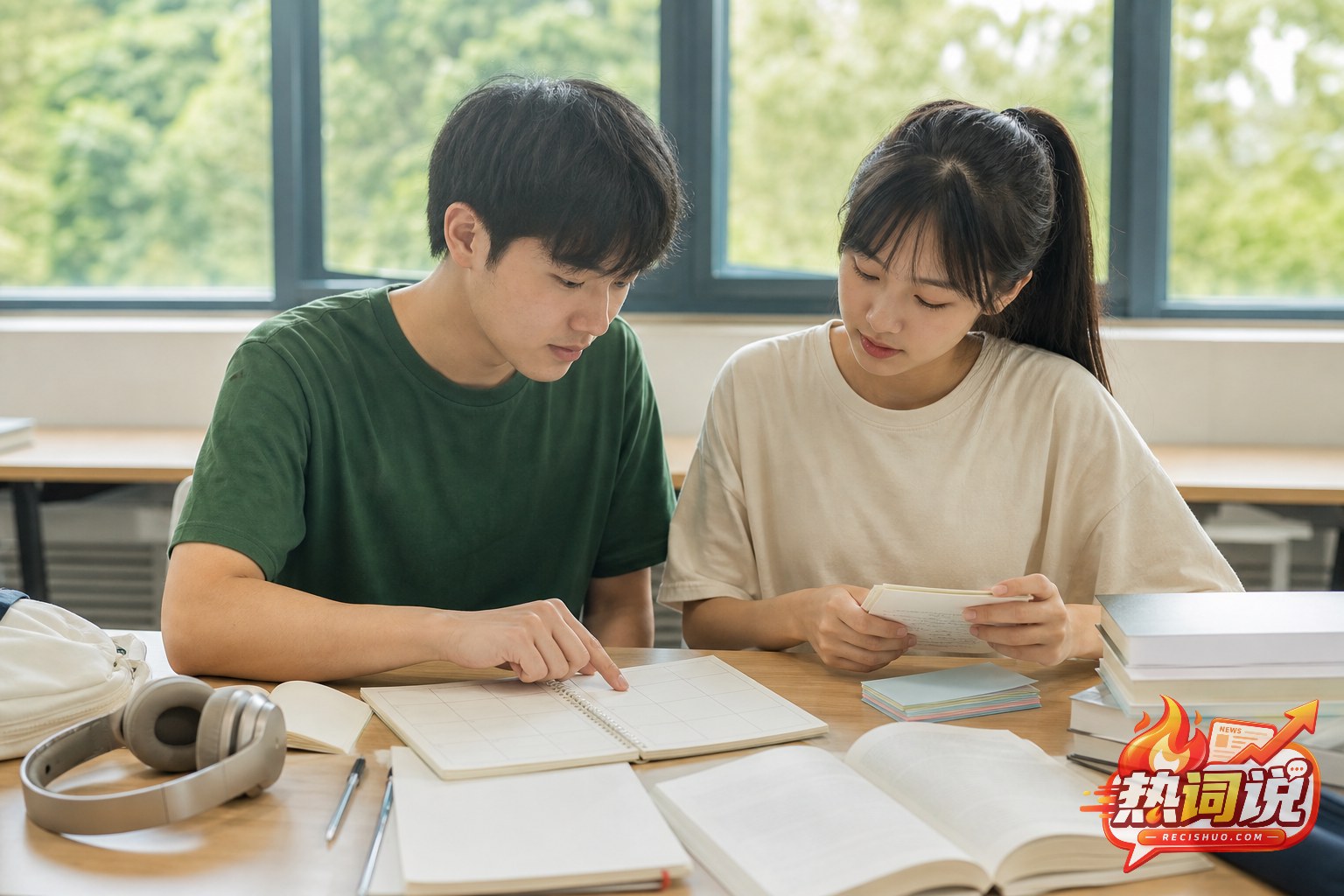 两名大学生根据考试结果整理资料并制定后续英语学习计划