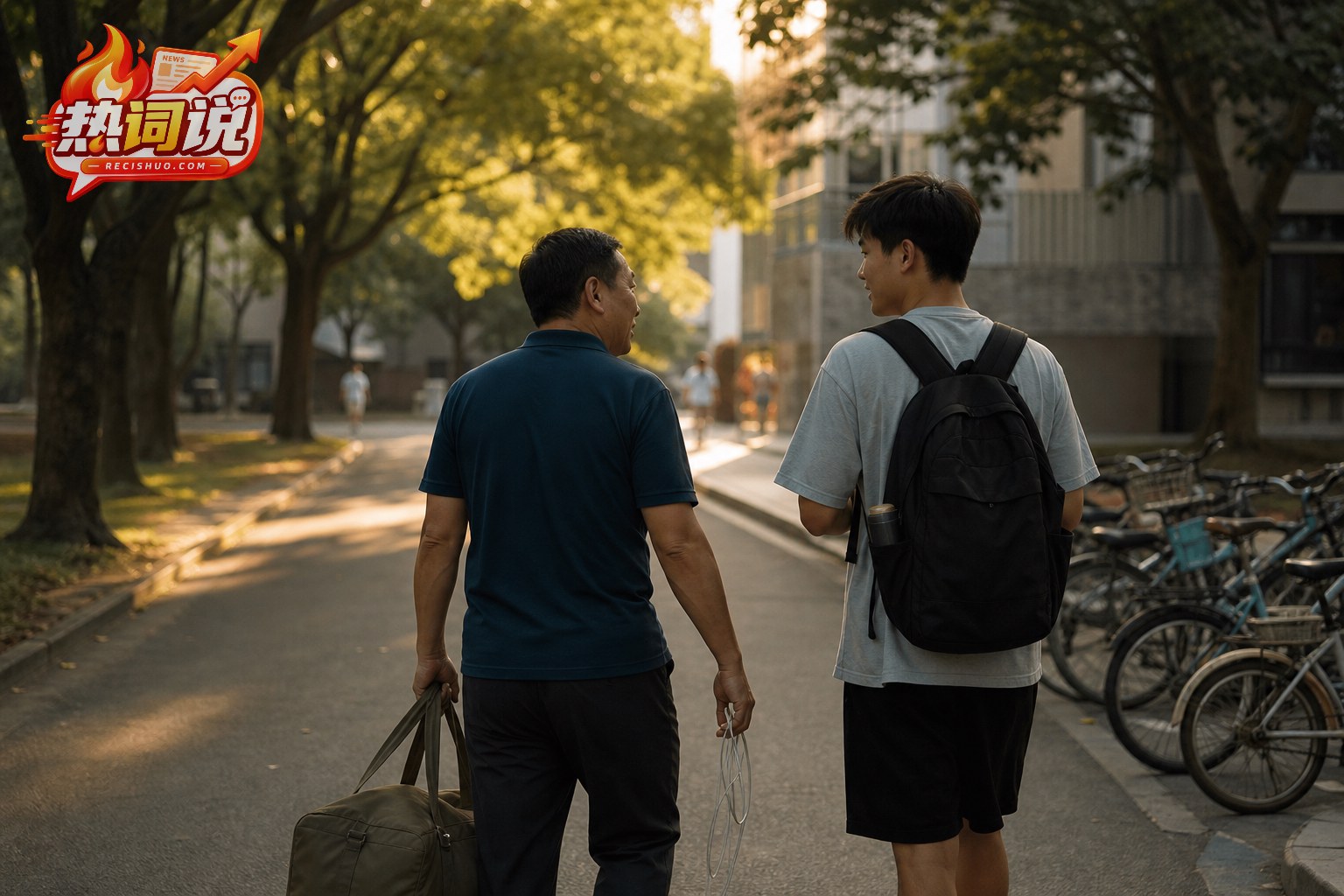 安顿结束后,父亲与背着书包的新生在傍晚校园林荫道上并肩交谈
