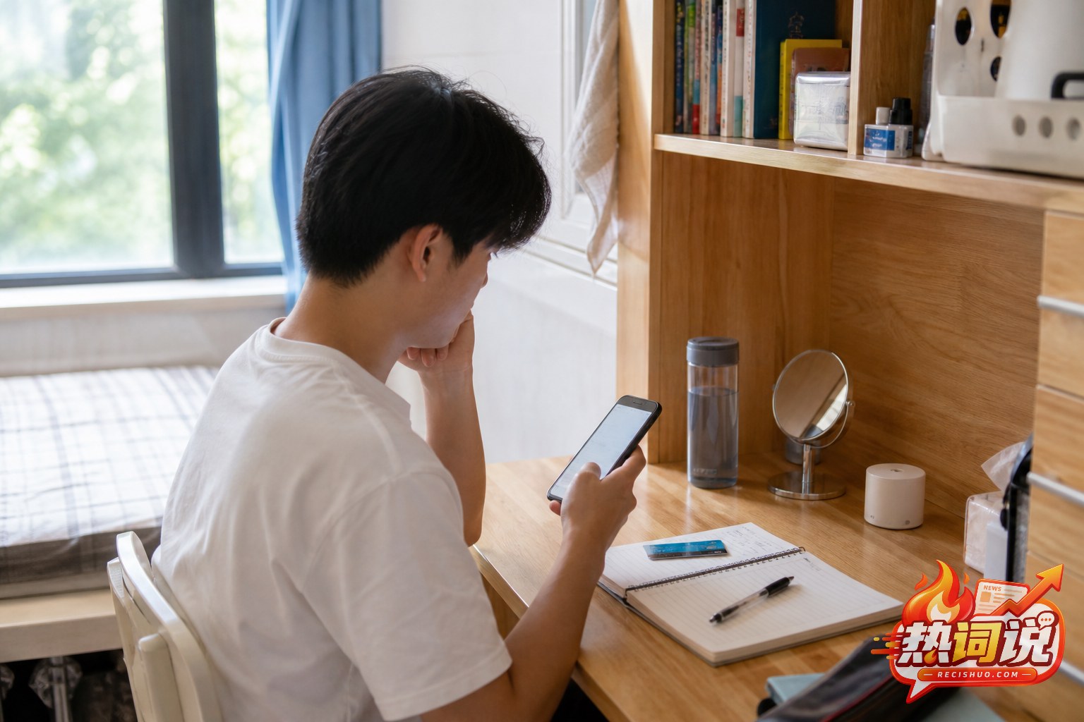 大学生在宿舍书桌前用手机查看月度开销并规划生活费