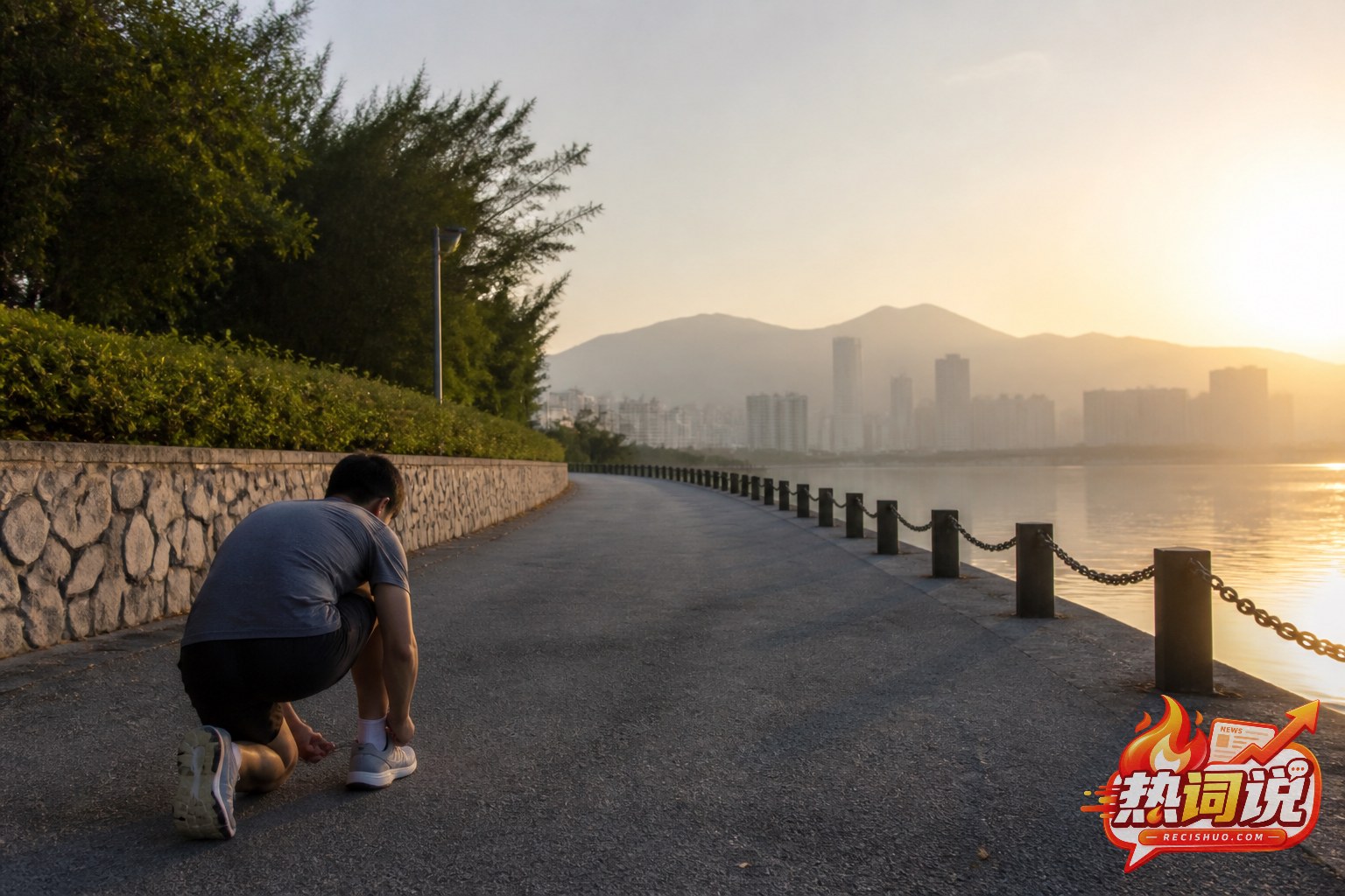 清晨河畔步道上,一名成年人系好鞋带准备迈出追梦的第一步